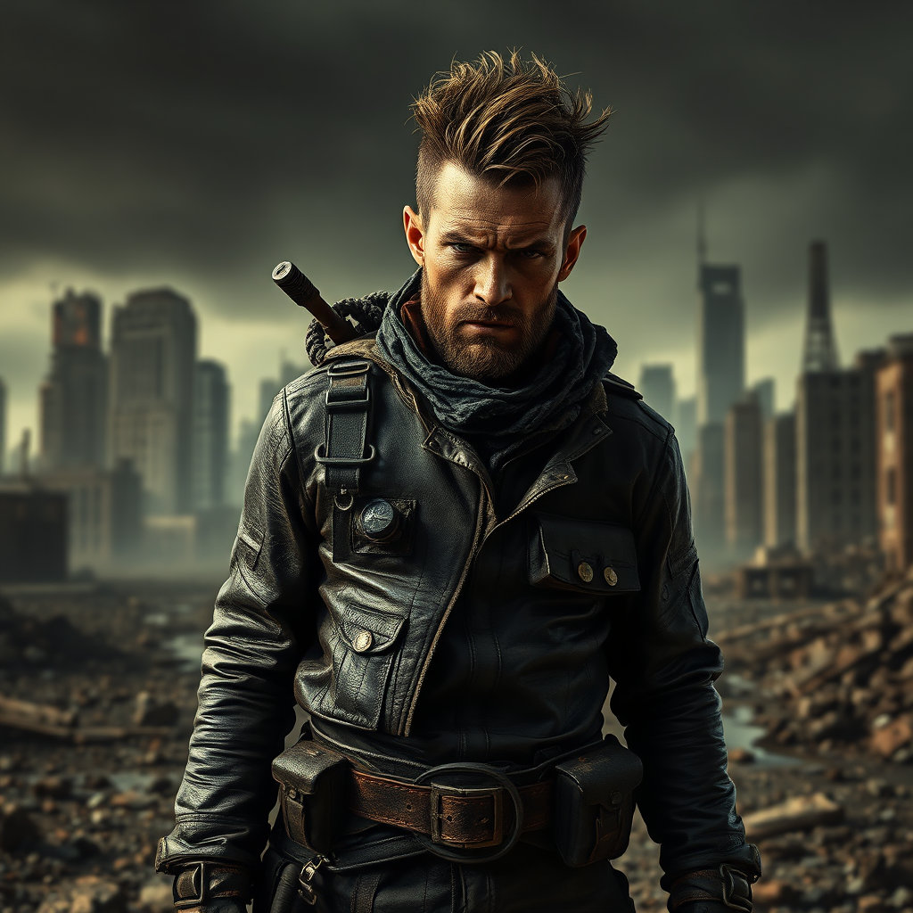 Post-apocalyptic survivor, rugged leather outfit, dystopian city ruins, gritty texture, dramatic shadows, survival gear, --ar 16:9 --q 2 --s 180