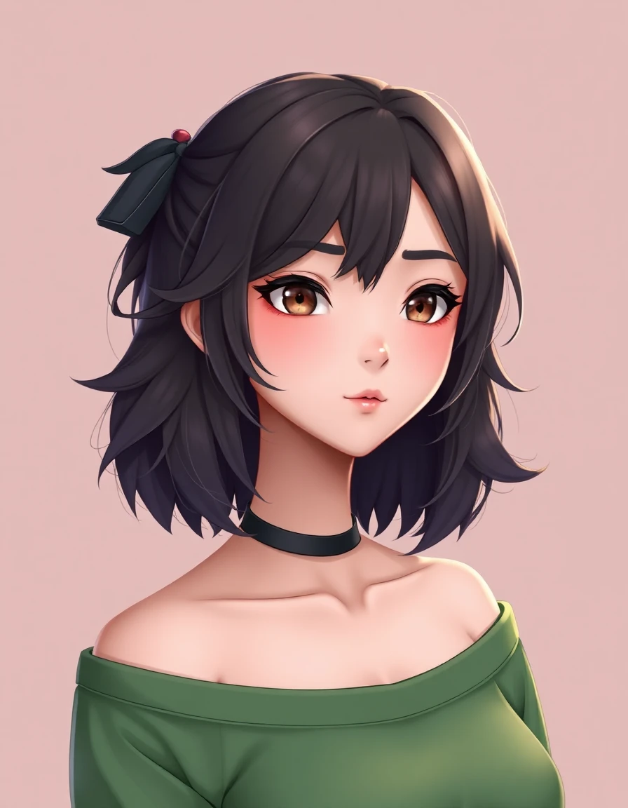 A dark-haired VTuber in a green off-shoulder top