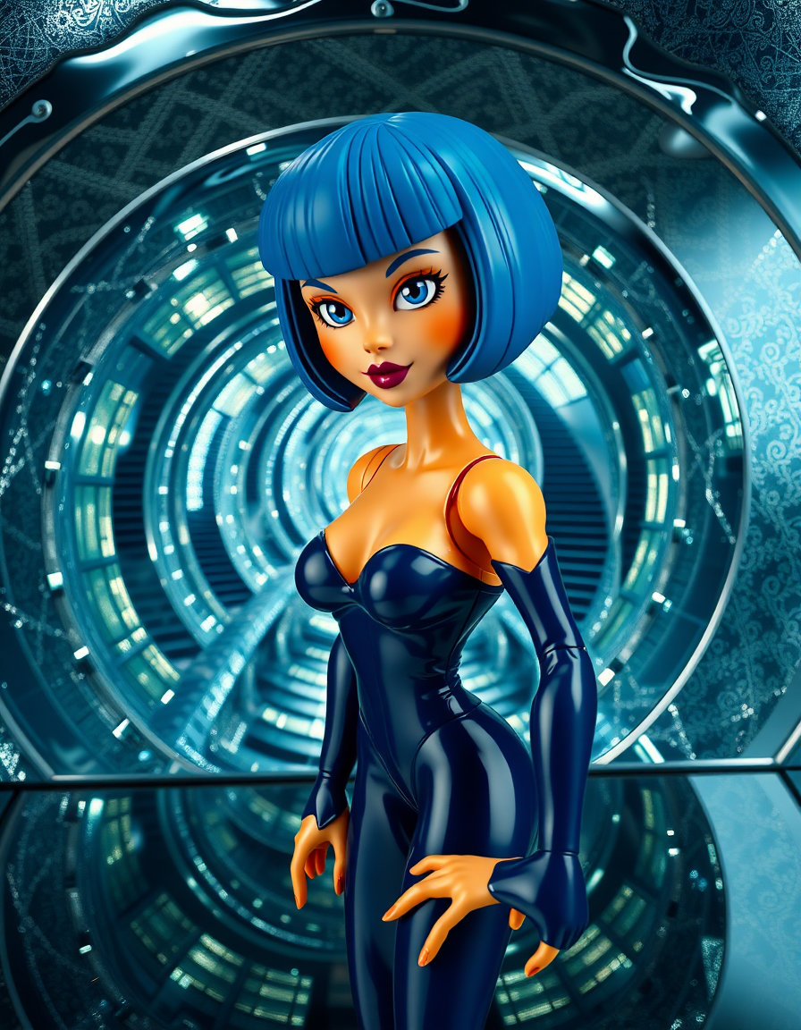 whimsical woman with deep blue bob hair, orange‑tinged cheeks, almond eyes and mauve pout, rendered as a hyper‑stylized action figure with glossy plastic finish, bold color blocks, articulated shoulders, elbows and knees, and exaggerated hands and feet in a heroic pose. she stands before a 3d fractal labyrinth reflected in a polished mirror that shows spiraling staircases, infinite mobius‑like surfaces and hall‑of‑mirrors corridors, with crisp foreground geometry fading into luminous haze and kinetic negative‑space lace patterns. the scene is lit with clean studio lighting, soft reflections on the plastic surfaces, and a muted gothic watercolor backdrop of dark blues and metallic accents, echoing 1950s kodachrome saturation.