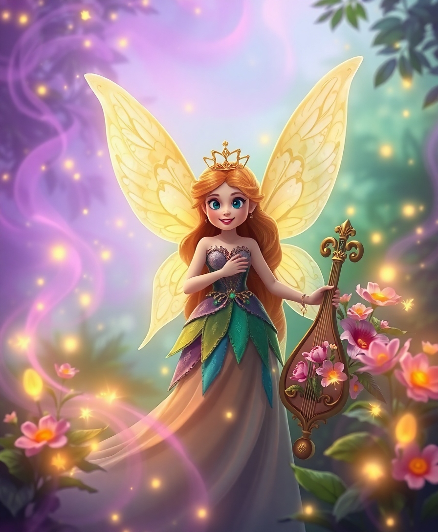 "a mystical fairy empress rises from lush verdure, surrounded by sparkling fireflies as they dance and twinkle in joyful attendance, an enchanting backdrop for a charismatic cartoon character, clad in their vibrant ensemble, their infectious grin and joyful aura blending with the fairy's regal demeanor as they gaze out upon the fairy, amidst swirling purple mist, and soft, golden light. to her side, a lavish bouquet of living flowers, intricately woven with subtle, shimmering accents, awaits her majesty, as the fairy's luminous wings gently unfold from her back, exuding an aura of divine majesty, with her delicate harp still beside her, the enchanting scene set against a smooth, ethereal background that lets the fairy's radiance take center stage, infused with the epic fantasy style of a fairy prince."