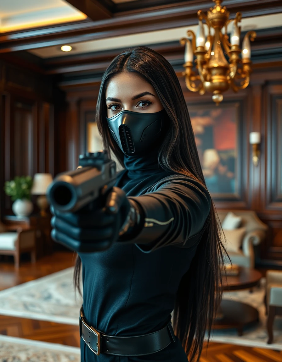 brown‑skinned woman with long dark hair wearing a futuristic black mouth mask and black special‑force uniform, gun pointed at a black‑suit body, standing in an elegant living‑room of polished dark wood and vintage bronze fixtures, macro abstract view, 1:3 magnification filling the frame, razor‑thin depth of field with bokeh‑rich falloff, hyper‑detailed surface textures—pores, fibers, crystalline patterns, wood grain veins—surreal monumental perspective, vivid non‑naturalistic colors deep cobalt blue, golden yellow, emerald green, rich crimson, lyrical brushwork, bold outlines, flattened planes, dynamic rhythmic composition.