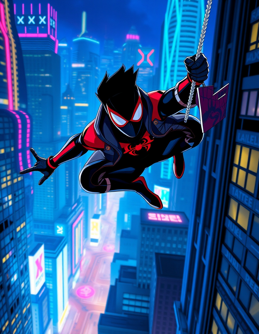 Miles Morales swinging through a futuristic neon city at night, glowing skyscrapers, graffiti art style, vivid comic colors, cinematic lighting, spider-verse aesthetic, dynamic pose, 9:16 vertical, ultra detailed. Across the spiderverse