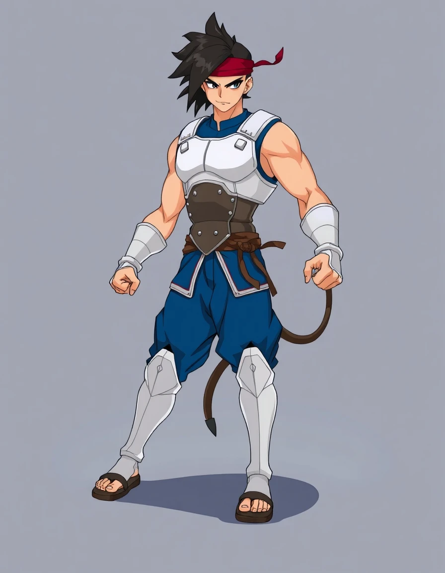 ## Style
- Medium: Digital 2D illustration, vector-based line art, flat shading
- Technique: Cel shading, hard-edged outlines, minimal gradient blending
- Rendering Approach: Non-photorealistic, stylized character design, anime aesthetic
- Color Treatment: Flat color fields, limited palette, high saturation, distinct color blocking
- Value & Contrast: High contrast between flat planes, minimal atmospheric perspective
- Detail Density: Moderate, focused on costume geometry and silhouette
- Era / Movement: Contemporary anime, 1990s OVA aesthetic, manga-influenced character design

## Subject
- Identity / Type: Male warrior archetype, Saiyan-inspired character design
- Pose & Gesture: Dynamic combat stance, weight shifted to back leg, fists clenched, forward-leaning torso
- Distinctive Features: Red headband, long black hair with side-swept bangs, tail protruding from lower back
- Clothing or Equipment: White armored chest plate, blue sleeveless tunic, brown waist armor, white gauntlets, blue trousers, white greaves, brown sandals
- Scale & Proportion: Exaggerated musculature, elongated limbs, heroic proportions typical of shonen manga

## Environment
- Location Type: Abstract void, non-representational space
- Time of Day: Indeterminate, artificial lighting context
- Weather & Atmosphere: None, clean digital background
- Foreground Elements: Character centered, slight drop shadow beneath feet
- Background Elements: Solid muted blue-gray field, no environmental detail
- Architectural or Natural Features: None

## Mood
- Primary Emotional Tone: Intense, determined, confrontational
- Energy Level: High, kinetic potential, readiness for action
- Tension or Calm: High tension, coiled energy, anticipatory aggression
- Genre Association: Shonen battle manga, sci-fi fantasy, superhero origin story

## Lighting
- Light Source(s): Single frontal key light, implied studio setup
- Direction: Frontal, slightly elevated, casting soft shadow behind subject
- Quality (Hard / Soft): Hard-edged shadows, sharp transitions between light and dark
- Color Temperature: Neutral to cool, consistent with digital flat lighting
- Key-to-Fill Ratio / Contrast: High contrast, minimal fill, strong silhouette definition
- Shadow Character: Flat, non-gradated, used for grounding rather than volume modeling
- Atmospheric Light Effects: None, no volumetric fog or ambient occlusion

## Composition
- Framing & Crop: Full-body shot, vertical orientation, subject fills frame vertically
- Camera Angle: Eye-level, straight-on perspective
- Subject Placement: Centered horizontally, slightly offset vertically to emphasize stance
- Compositional Rules in Use: Rule of thirds implied by pose dynamics, symmetry in costume design
- Depth Layers: Minimal depth, single plane with slight shadow layering
- Negative Space: Significant negative space on left and right sides, balanced by character mass

## Texture
- Primary Materials: Digital ink, vector lines, flat color fills
- Surface Quality: Smooth, non-textured, clean edges, no brushwork or grain
- Reflectivity & BRDF Character: Matte surfaces, no specular highlights, uniform reflectance
- Wear, Patina, & Imperfections: None, pristine condition, no aging or damage indicators

## Camera
- Shot Type: Full-length portrait, character study
- Implied Focal Length: Medium telephoto (85mm-equivalent), compressing background slightly
- Depth of Field & Aperture Feel: Infinite depth of field, entire subject in focus
- Bokeh Character: None, flat background with no lens blur
- Lens Artifacts: None, clean digital output, no chromatic aberration or vignetting