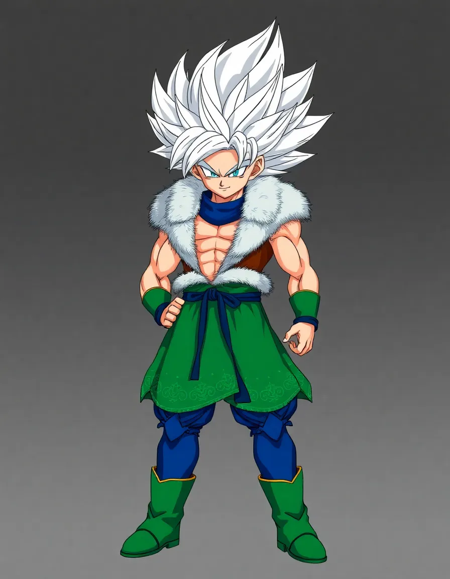 Stylized animated character Super saiyan 5 goku from Dragon ball af goku with spiky white hair, muscular build, fur-trimmed jacket, green skirt with patterns, blue pants, green boots, digital art, anime/manga illustration, full-body perspective, centrally positioned, even lighting with subtle shading, vibrant contrasting color scheme, intricate spiky hair, textured fur, decorative patterns, detailed footwear, defined muscle structure, polished anime aesthetic, sharp lines, vivid colors, meticulous detail, --ar 16:9, --style raw, 8K, masterpiece