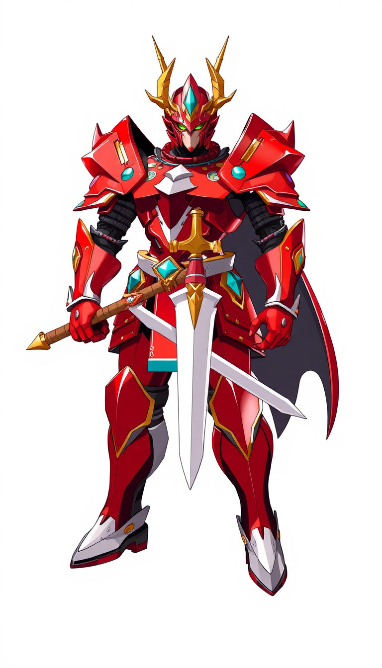 This digital 2D illustration features a heroic armored knight in a dynamic full-body standing pose, poised for action against a pure white studio background. The fantasy warrior is clad in pristine, high-detail red and gold armor with a white chest plate, a dragon-like helmet sporting prominent golden horns, and a highly ornate sword. Embracing a contemporary anime and mecha aesthetic, the artwork utilizes hard-edged vector line art with flat color fills and crisp cel shading. The high-saturation palette is accented by sharp teal elements, creating a strong contrast between light and dark planes with minimal gradient transitions. Illuminated by diffuse, frontal studio lighting, the character's smooth, non-textured armor plates exhibit clean specular highlights. The entire centered composition remains in uniform, sharp focus on a single flat plane, delivering a powerful and pristine character sheet with infinite depth of field. 9:16 aspect ratio.