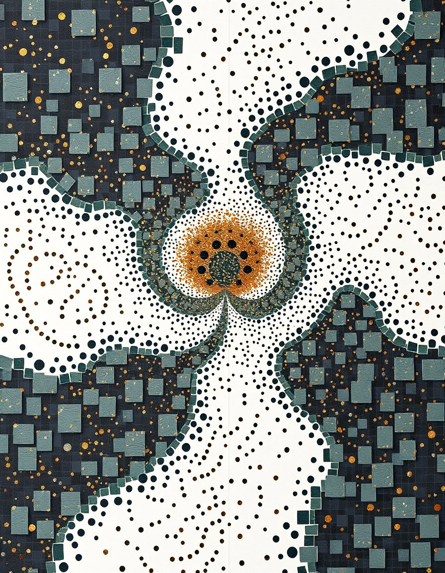 pixelated dreamscape on white kraft paper, byzantine mosaic style with shimmering gold tesserae, luminous reflective surfaces, fractal glitter‑like dots in a fibonacci spiral, crisp central silhouette, clean contour lines, lo‑fi cardboard texture, accelerating mechanical energy at center, charcoal gray, midnight blue, wine red, deep forest green palette, rare accents of burnished gold or piercing cyan, charcoal gray, midnight blue, wine red, deep forest green