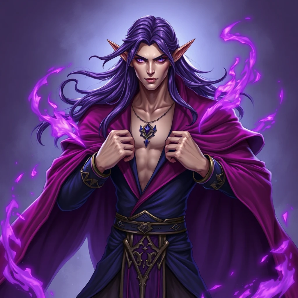 Zel’thas Emberweave, tall elegant male elf mage, long flowing purple hair, purple eyes, open magenta and dark blue luxurious robe showing chest, dramatic pose, purple magic particles around him, arrogant theatrical expression, fantasy style, clean design, vibrant colors, consistent character