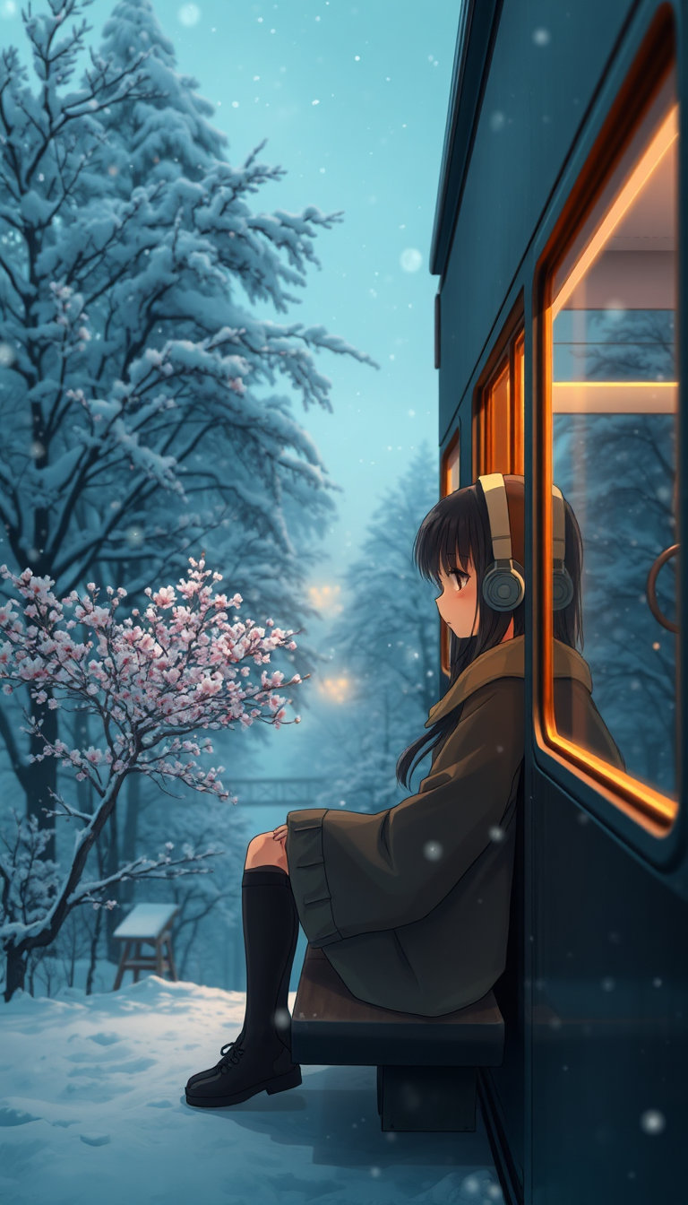 a melancholic anime girl sits alone in a serene japanese garden blanketed in snow, surrounded by towering snow-covered trees and delicate cherry blossoms, the soft glow of warm cinematic lighting casting a golden hue on her tired emotional eyes as she gazes out the window of a train, her headphones still on, the city lights outside now distant and muffled by the snowfall, the atmosphere a poignant blend of winter's peacefulness and the girl's inner turmoil, a masterpiece of emotional depth and visual beauty.