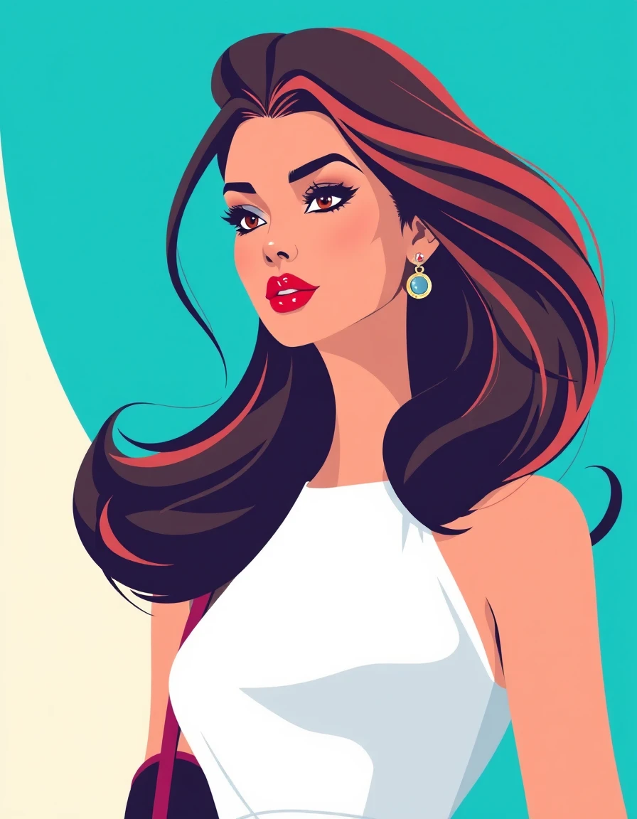a mysterious tall fashionista with perfect hair and colorful dress, rendered in a bold, minimal color palette inspired by stylized animation, where 60% of the scene is a flat, deep blue background with subtle undertones of turquoise and aqua, 30% is a crisp white dress and accessories, and 10% is a pop of bright red lipstick and accents, zooming in on the subject's face, with clean shapes, strong silhouettes, and high contrast, evoking a sense of luxury and mystery, as the subject's longing glance is captured in an even more delicate balance of negative space and minimalist composition, with a focus now sharpened on the subtle, expressive qualities of the subject's facial expression and the simplicity of the bold color scheme.