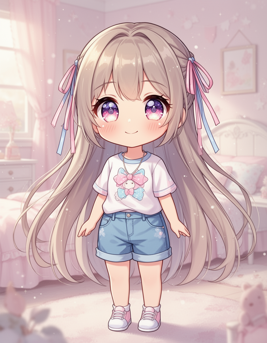 A chibi VTuber standing in a soft pastel bedroom
