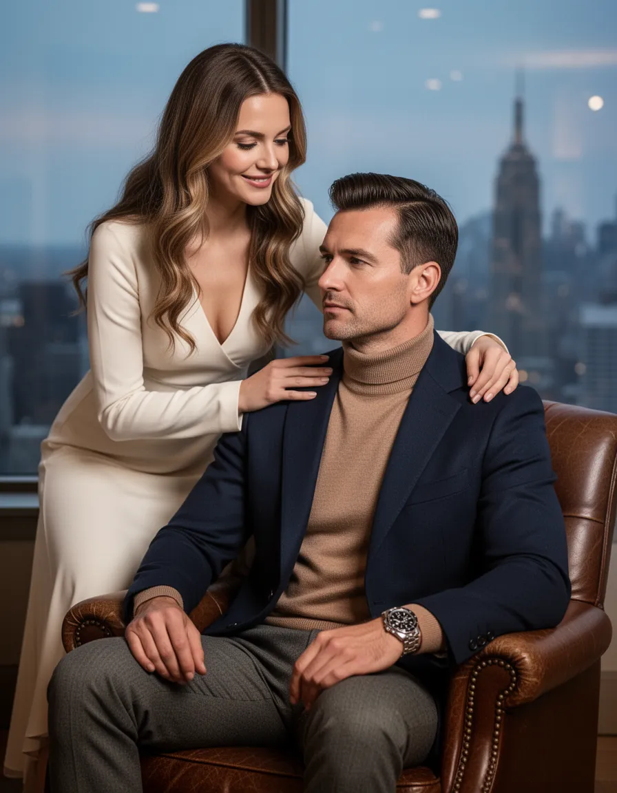 A beautiful, light-skinned Caucasian woman with long, wavy brown hair and a fair complexion, appearing to be in her early 30s, leans over a man, her hand gently resting on his shoulder. She smiles gently and gazes at him affectionately. She is wearing a long-sleeved, cream-colored dress with a low V-neck. A Caucasian man, appearing to be in his late 30s with short, neatly styled dark hair, sits, gazing thoughtfully to his right. He wears a navy blazer over a light brown turtleneck sweater and gray trousers. On his left wrist, he wears a large silver watch with a black dial. The man sits in a brown leather armchair, and behind him, a large window reveals a blurry cityscape under a twilight sky. The lighting is soft and atmospheric, highlighting the subjects in the dim background. The composition of the photograph is a medium shot, focusing on the interaction between the couple and the man's attire, conveying a sense of luxury and intimacy.