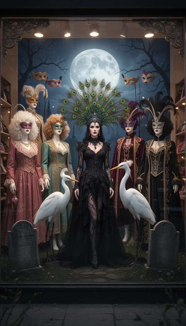 in a vibrant shop window, a majestic display of eccentricity comes alive.
four intricately dressed female mannequins exude their individual styles, with a mesmerizing array of wigs and fashion ensembles, showcasing an eclectic mix of classic and avant-garde aesthetics, each mannequin clad in a unique outfit that complements her carefully crafted appearance.
behind these captivating figures, a sophisticated mascarade theme unfolds, with elegant venetian costumes, opulent cloaks, and intricately designed eye masks that whisper hints of mystery and grandeur, transporting the viewer to an age of romance and intrigue.
set against the backdrop of this sumptuous display, a striking figure steps forward, a resplendent gothic woman, captured in a breathtaking, cinematic portrait, set against the hauntingly beautiful backdrop of a midnight graveyard, bathed in the soft, ethereal glow of a full moon.
her tall, statuesque form stands proud, exuding an air of confident elegance, clad in a show-stopping peacock headdress that unfurls its vibrant plumage in a stunning fan of color, its shimmering feathers reflecting the soft moonlight like a beacon of artistic expression.
by her side, a regal egret bird perches, its snowy feathers a striking contrast to the vibrant hues of the peacock, as if frozen in a moment of contemplation, lost in the mystery of the midnight hour.
in this enchanting, dreamlike setting, the boundaries between reality and fantasy blur, and the shop window display becomes a captivating tableau of wonder, a testament to the magic that lies at the intersection of art, fashion, and the human imagination.