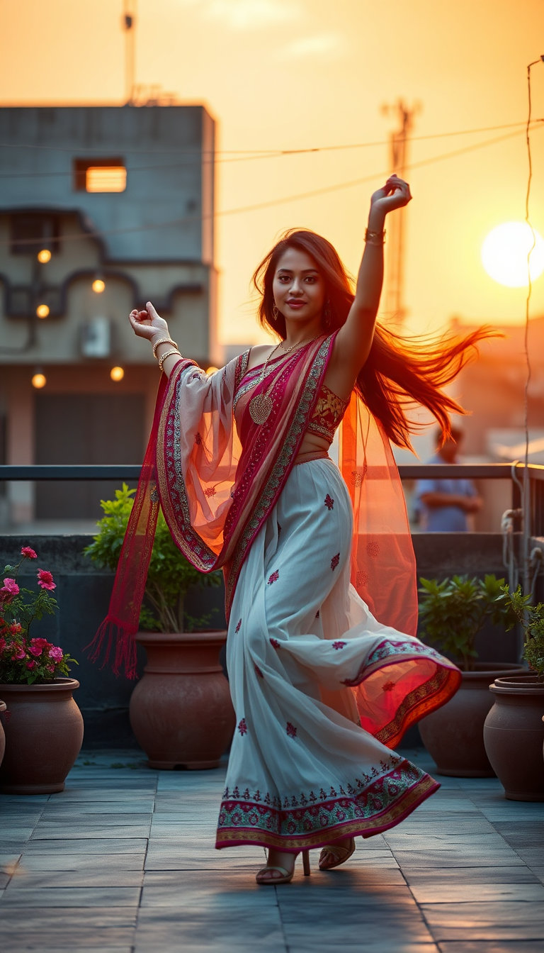 beautiful young indian woman dancing gracefully on a rooftop at sunset, wearing an elegant colorful salwar suit with flowing dupatta, traditional jewelry, long black hair moving in the breeze, surrounded by flower pots and festive lights, high detail, cinematic slow‑motion, soft golden sunlight, dreamy atmosphere, professional videography, shallow depth of field, dynamic angles, highly detailed indian architecture background, photorealistic, masterpiece, bittersweet mood: quiet joy shadowed by loss, muted amber and cool blue tones, soft dusk light diffused through haze, gentle highlights fading into long shadows, bittersweet palette.