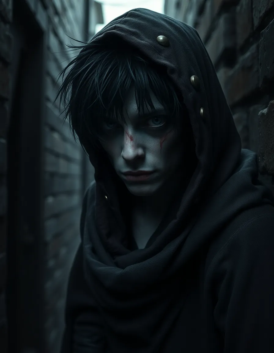 dark fantasy character portrait, a skinny human rogue in a tattered hooded cloak, lurking in a dark alley, unkempt black hair, broken nose, bruised face, pale scarred skin, gritty, cinematic, moody lighting