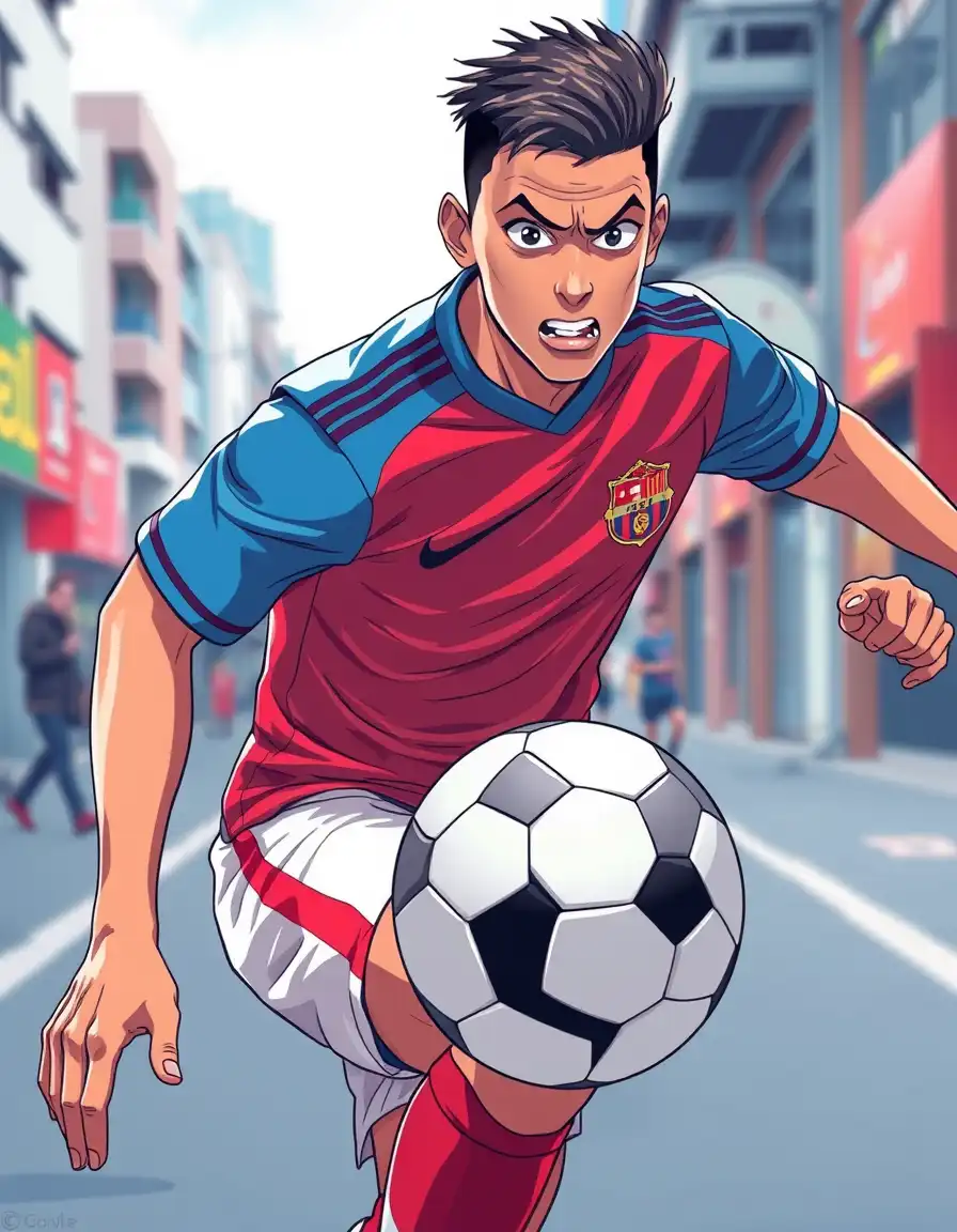 a soccer player who just goes to make a dribble.
a soccer player in a dynamic pose. the style is anime cel shading with a high-energy color palette of bright blues and reds. the background is a blurred city street with a focus on the player. his face is contorted in concentration and his eyes are large and expressive. he is wearing a clean sports jersey.