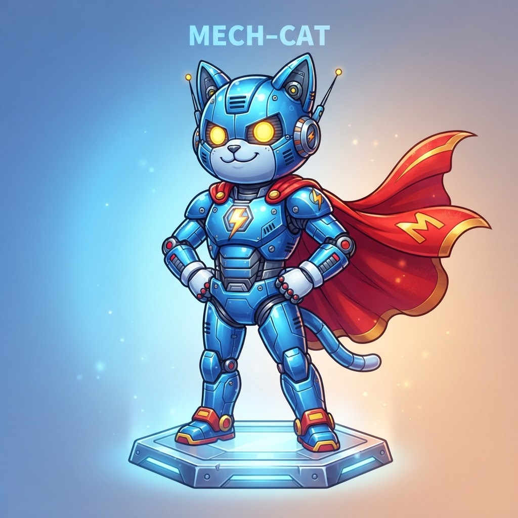 Original robot cat character as a superhero with red cape, blue metallic body, confident pose, cute cartoon anime illustration style
