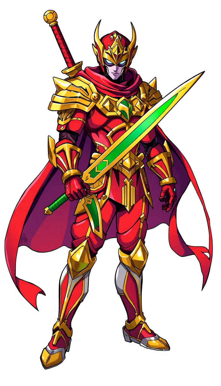 The image is a colorful and detailed illustration of a warrior or superhero character. The character is wearing a red and gold armor, with a red cape and a green and gold sword. The character's face is obscured by a mask, adding to the mysterious and powerful appearance. The warrior is standing in a white background, which highlights the vibrant colors of the armor and sword. The overall style of the image appears to be inspired by anime or manga art, with bold colors and intricate details. The character's posture and expression convey a sense of strength and determination, ready to face any challenge that comes their way. 9:16 aspect ratio.