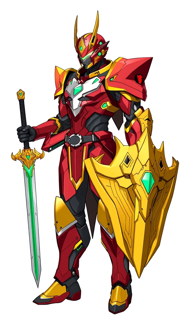 A professional full-body digital concept art character sheet of a futuristic mecha knight warrior, clad in complex, angular red and gold plated armor. The suit is highly detailed with deep crimson, brushed gold, and dark charcoal grey segments, featuring a sleek silver-white breastplate. The helmet has a sharp, stylized visor design with glowing emerald green accents. The character's right arm is equipped with a massive golden dragon-headed gauntlet shield featuring large curved silver claws and a small red crest emblem on the wrist. In the left hand, the warrior holds a futuristic sword with a serrated, translucent emerald-green energy blade. The art style is clean contemporary anime line art with crisp cel-shading, highlighting geometric facets and metallic edges, isolated on a stark white background. 9:16 aspect ratio.