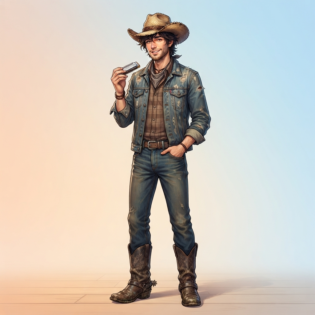 original character design of a lean young cowboy with a denim jacket, straw hat, harmonica in hand, worn boots, full body standing pose, clean soft gradient studio background, vibrant, crisp high detail, digital illustration, no text, no words, no watermark