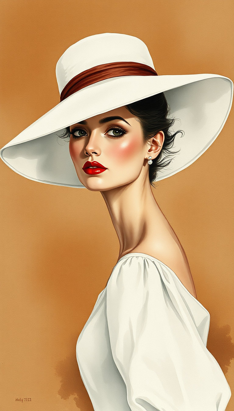 a slender woman in an elegant high‑fashion pose, rendered as a breathtaking 19th‑century watercolor on aged parchment. she wears classic white couture with puff sleeves, a wide‑brimmed white hat tilted over her face, and a vivid garnet‑red lip that stands out against a muted terracotta‑sepia background. transparent glazes of rose‑madder skin, soft smoky gray eye paint, and delicate pearl earrings shimmer in the wet‑on‑wet medium. the composition anchors the left two‑thirds of the frame, with the right dissolving into foxed parchment edges. light falls in chiaroscuro, creating deep shadows, while ultramarine and burnt sienna pigments bloom, giving the portrait a melancholic, timeless aura.