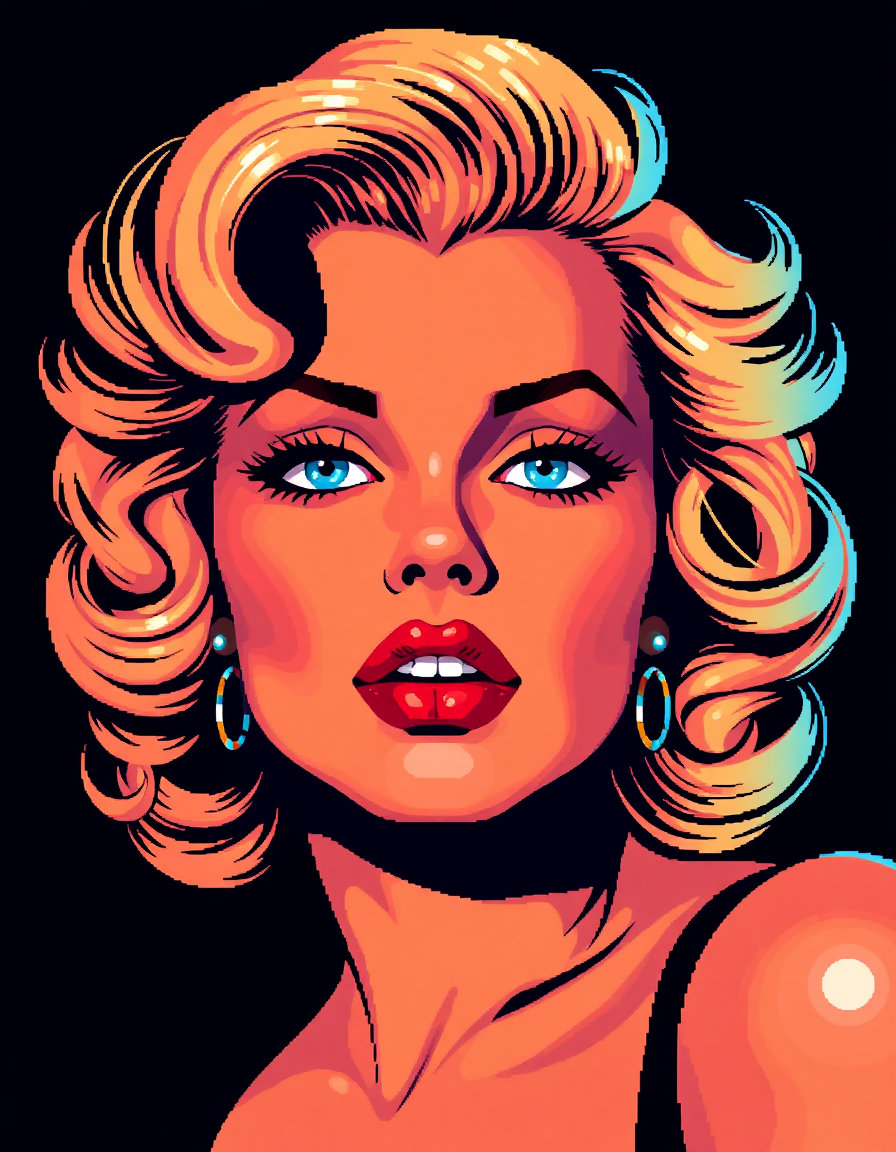 in a stunning 16-bit pixel art portrait, the face of maryline monroe is framed against a stark, dark background that provides an effective contrast to her vibrant features. the close-up headshot showcases her captivating eyes, nose, and lips, with delicate facial curves rendered in bold, chunky pixels. her gaze is forward, as if inviting the viewer to step into her opulent world. this retro game asset embodies the timeless appeal of ms-dos graphics, with warm amber hues and cool blues dancing across her skin, evoking the mystique of a bygone era. heavy shadows playfully sculpt the contours of her face, imbuing her with an air of mystery, while the limited palette ensures a crisp, nostalgic aesthetic. the pixels seem to shimmer like precious gems in the diffuse lighting, radiating a mesmerizing quality that is quintessentially 16-bit. her enviable facial feature is now in jason brooks art style of fluid movement, with soft curls and lavish make-up, and she exudes the essence of a glamorous disco icon from the 1970s, one who embodies the indulgence, elegance, and freedom of that iconic era. the pixel art proportions have maintained the aspect ratio of 3:4.