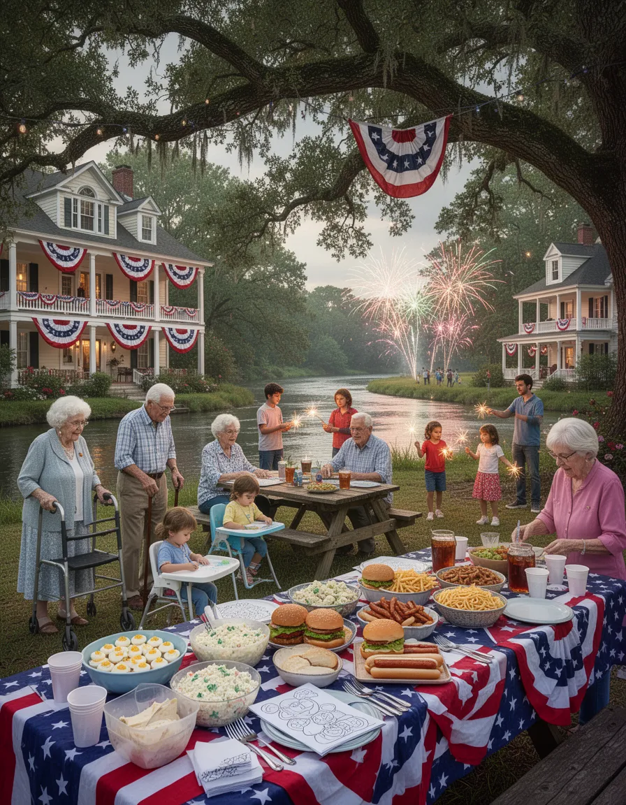 fourth of july block party in the american south under a sprawling oak canopy beside a gentle river, classic southern homes with wrap‑around porches draped in vintage red, white, and blue bunting, rendered in hyper‑fidelity 1for1 style with ultra‑sharp clarity, crystal‑clear textures on wood grain and foliage, crisp refined edges, maximum resolution and master‑level detail on the houses and surrounding environment, preserving the original composition, colors, lighting, and southern festive atmosphere, 8 adults of a younger-to-older demographic, including four elderly folks one using her walker and husband a cane / the other 2 sit at the picnic table overlooking the tiny children's tables where they are coloring in the coloring books, 1 child in a high chair, five young children playing with sparklers, for teenage kids setting off bigger fireworks further away in the background, featuring a wide variety of distinct individuals so that no two people look the same. There's a Long fold-up table positioned in the foreground decorated with it tablecloth matching the festivities of the 4th of July. It's set up buffet style and has deviled eggs, potato salad, burgers, fries, hot dogs, pasta salad, sweet tea, and forks, plates, spoons, napkins, empty cups, all laid out so that you can serve yourself food