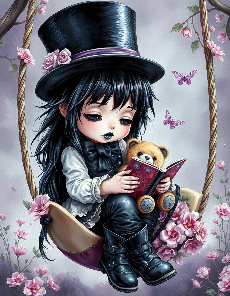 Anton Semenov inspired hyper-realistic whimsical HD watercolor gothic kawaii style airbrushed oil painting of a little girl with long black shiny messy spikey hair with silver and lavender streaks, wispy eyelashes, black lipstick, wearing a top hat styled by Artgerm, leather pants, buckled boots, sitting on a swinging egg chair adorned with flowers, absorbed in her tattered teddy, vibrant, tiny baby animals frolicking, with a color palette pastels of purples, pinks, blacks, greens, lavenders, in an atmosphere of serene enchantment and natural beauty.