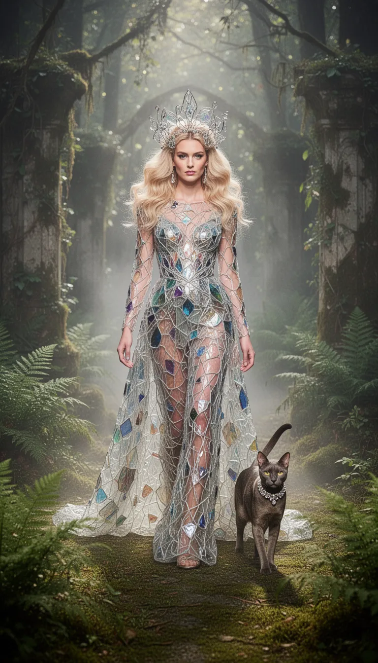 female runway model in an avant‑garde glass‑mosaic gown that is **extremely warped and distorted with soft focus and gentle gradient overlays**, with voluminous blonde hair and elaborate headpiece, accompanied by a sleek cat wearing a sparkling collar, stands on a mist-shrouded, overgrown mossy runway amidst a mystical enchanted forest filled with dappled sunlight through lush ferns and overgrown mossy ruins.