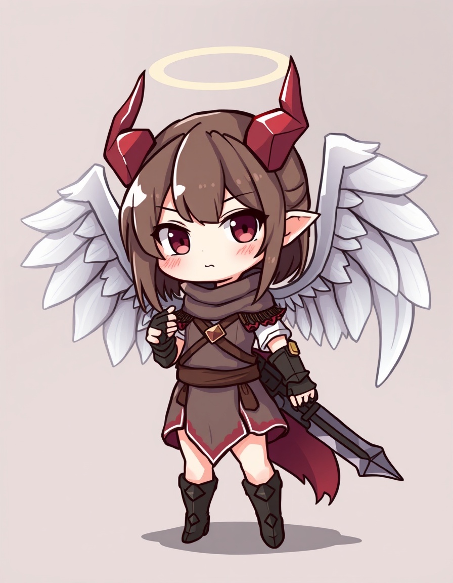 Simple female chibi warrior with both angel wings and demon horns