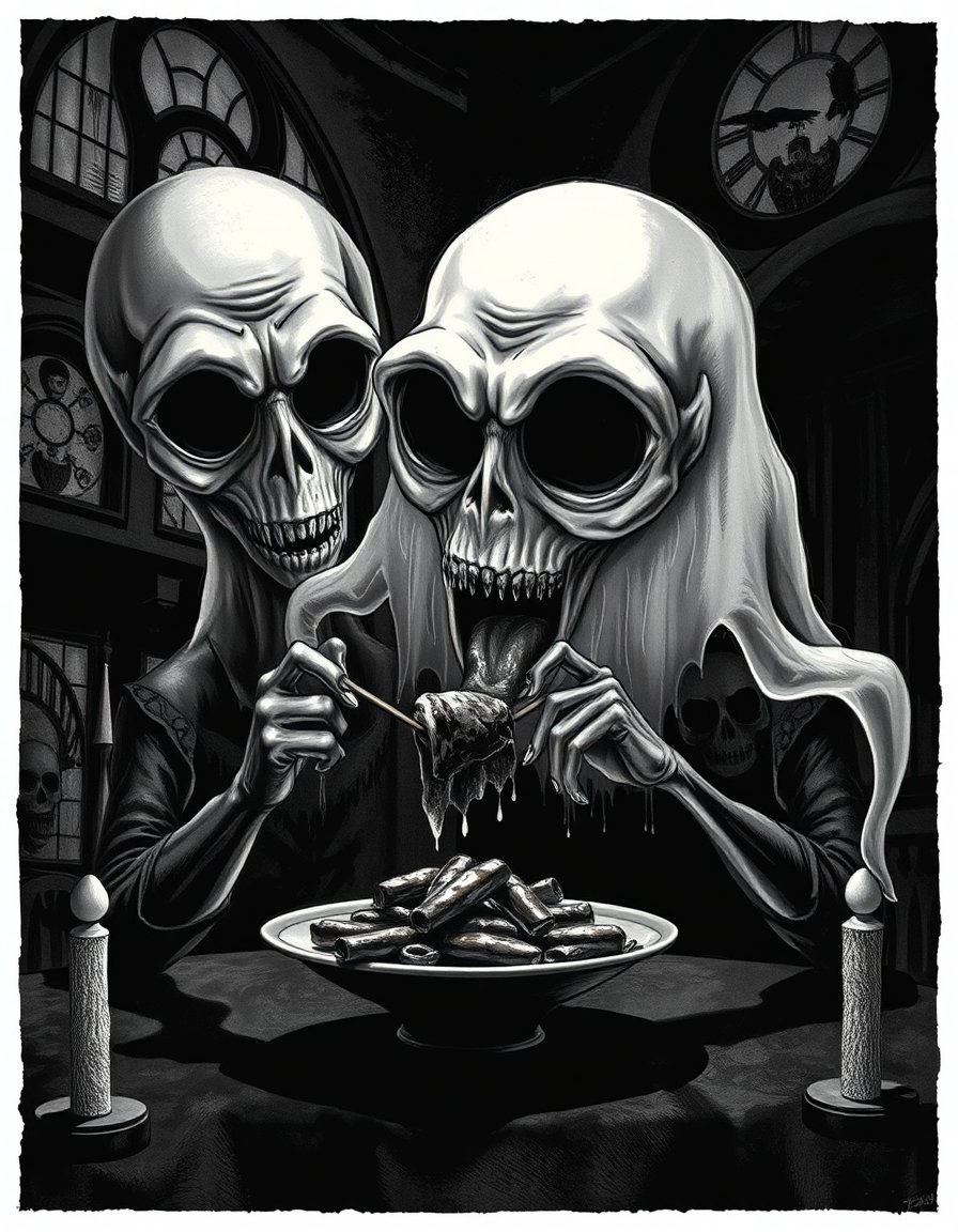 a gothic whimsy scene with exaggerated, caricatured proportions, featuring elongated limbs, oversized heads, and deep-set, hollow eyes. the scene is rendered in a monochromatic palette with stark contrasts. the setting blends victorian architecture with surreal, distorted geometries, illuminated by dramatic chiaroscuro lighting, which creates a melancholic yet fantastical atmosphere. a spectral, translucent ghost is depicted in the process of consuming januk foods, with the food appearing exceptionally oily and glistening.