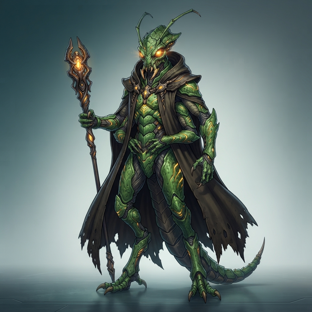 a tall insectoid alien character with green chitin armor plating, glowing amber eyes and a long dark cloak, full body original character design, clean soft gradient studio background, vibrant, crisp high detail, digital illustration, no text, no words, no watermark