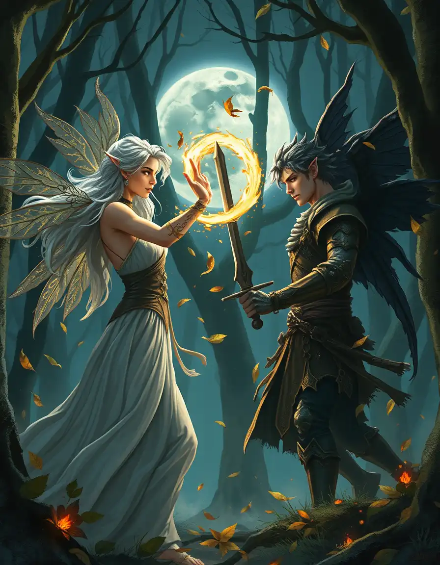 A realistic human hand-drawn, clean digital fantasy character art illustration of two fae locked in a tense magical duel inside an ancient moonlit forest. One fae, a silver-haired sorceress with glowing runes along her arms, raises her hand to summon a swirl of golden light that bends the air around her. Opposite her stands a dark-winged fae warrior, his expression sharp yet conflicted, sword drawn and eyes glowing faintly. Leaves and embers swirl between them as their magic collides, casting flickering light across the trees. The scene feels cinematic and alive โ emotional tension, power, and movement captured in painterly detail. The art style is semi-realistic with expressive faces, clean digital rendering, and a textured, hand-drawn finish โ like a fantasy novel moment frozen in time.