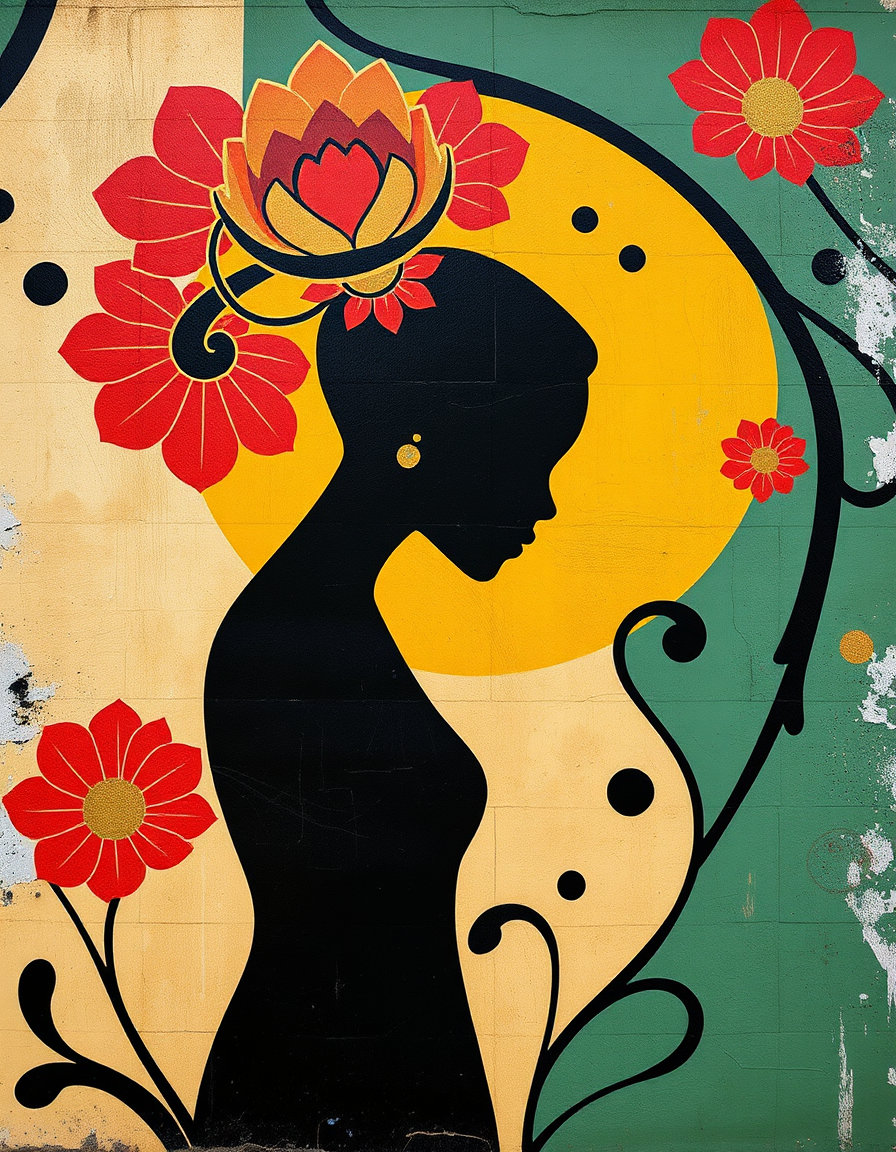 african silhouette pattern rendered in flat vector shapes with sinuous lines and geometric forms, spray‑painted onto an urban wall in a bold street‑art style. the composition retains its art nouveau meets bauhaus feel, with seamless tiling, resin‑petri art details—dome‑like clear resin matrix, pigmented cells, blooming flower‑like formations, delicate tendrils, lace‑like edges, and gold, silver, copper metallic accents tracing boundaries. luminous glossy finish and bold primary colors radiate within the resin, while subtle lithograph‑ink texture suggests tactile depth. the design balances fluid motion and negative space, emphasizing harmonious, stylized beauty against the gritty wall backdrop.