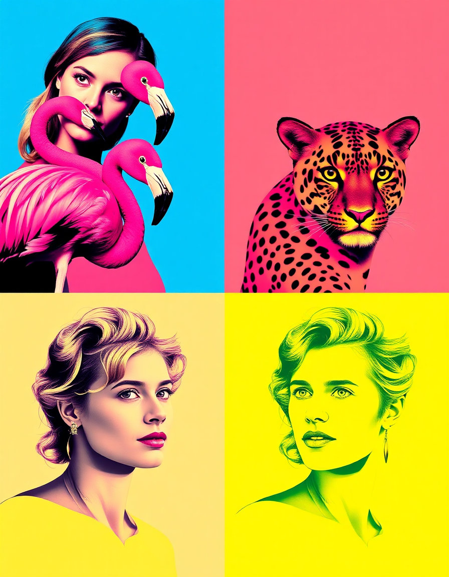 A vibrant Andy Warhol style pop art grid of four identical portraits. The top-left quadrant features a human and flamingo and a leopard side-by-side. The image is split into four distinct color variations: neon pink, electric blue, bright yellow, and lime green. High contrast, screen-printed aesthetic, bold outlines, flat colors.