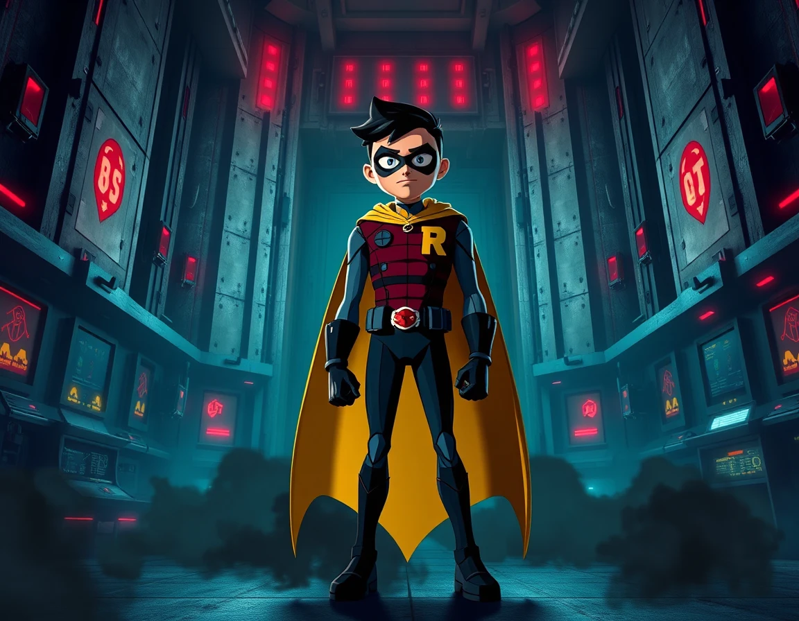 realistic robin from teen titans go standing confidently in a dimly lit, massive headquarters base in jump city, featuring towering concrete walls adorned with sharp, gothic architectural details, massive steel doors, flickering red emergency lights, and ominous shadowy corridors lined with high‑tech monitoring consoles and glowing warning symbols; the atmosphere is dark and foreboding, with thick black smoke curling around the floor, and a subtle aura of powerful, intimidating energy emanating from the environment, all rendered in ultra‑realistic detail with crisp textures, dramatic lighting, and vivid colors highlighting robin’s iconic red mask, blue tactical suit, and yellow cape as the central focus.