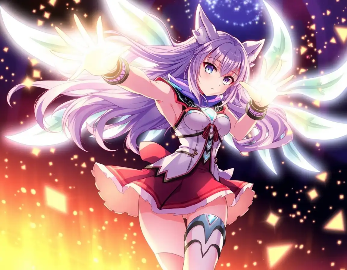anime girl with glowing powers, sparkles, dynamic pose, flowing hair, fantasy outfit, dramatic lighting