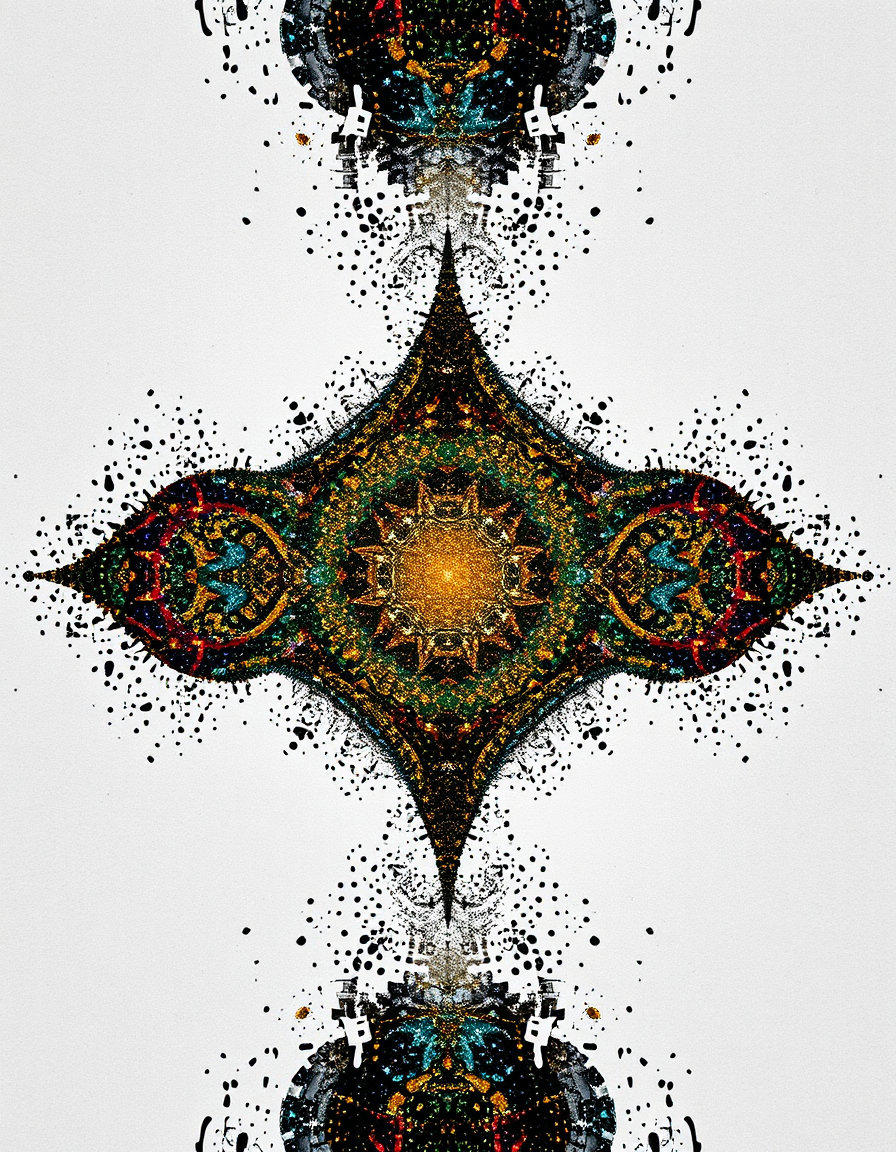 pixelated dreamscape on white kraft paper rendered with centered symmetry, the central silhouette perfectly mirrored on both sides, balanced vertical axis and equal color weight. byzantine mosaic style with shimmering gold tesserae fills the symmetrical halves, luminous reflective surfaces and fractal glitter‑like dots arranged in a fibonacci spiral radiate outward. crisp contour lines and lo‑fi cardboard texture frame the composition, while accelerating mechanical energy pulses at the center. palette of charcoal gray, midnight blue, wine red, deep forest green, with rare burnished gold and piercing cyan accents, all arranged in precise, balanced blocks to emphasize the monumental, iconic equilibrium.