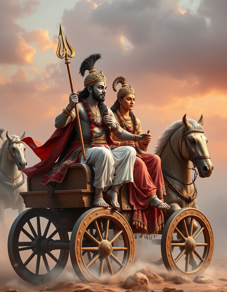 Make krishna of Mahabharata on chariot with Arjuna sitting on chariot both together Arjuna listening , krishna speaking