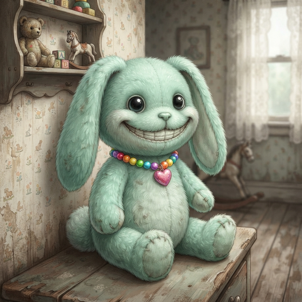 plush toy bunny mascot with a wide frozen smile, pastel mint fur, floppy ears, rainbow bead necklace with a heart charm, cute but a little unsettling, soft cartoon style, old nursery room with faded wallpaper