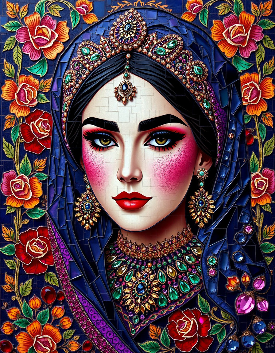 stain crystal mosaic panel in vibrant gemstone colors—purple, sapphire, magenta, emerald green, ruby red, blood orange—arranged in randomized shapes, backlit by dark ultraviolet, rendered in a qajar dynasty portrait style with heavy black eyebrows, almond eyes, opulent jeweled costumes and embroidered floral motifs, flattened decorative background featuring floral sprays, rich jewel-toned palette of deep blue, rose pink, emerald and gold, ornate pattern density.