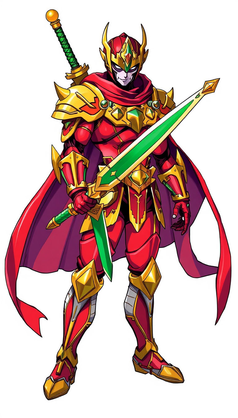 The image is a colorful and detailed illustration of a warrior or superhero character. The character is wearing a red and gold armor, with a red cape and a green and gold sword. The character's face is obscured by a mask, adding to the mysterious and powerful appearance. The warrior is standing in a white background, which highlights the vibrant colors of the armor and sword. The overall style of the image appears to be inspired by anime or manga art, with bold colors and intricate details. The character's posture and expression convey a sense of strength and determination, ready to face any challenge that comes their way. 9:16 aspect ratio.