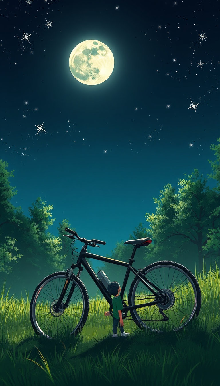 anime-style tall handsome boy standing beside his black bike under a moonlit night sky, gazing at a bright solitary moon and sparkling silver stars, surrounded by whispery shadows of green trees and grass swaying in a cool breeze, rendered with a glowing shimmer of iridescent glitter silver that coats the moon, stars and bike rims, while deep forest to vivid emerald tones, olive mid‑tones and dark moss shadows dominate the palette, preserving clean lines, stark tones and cinematic lighting, dreamy contemplative mood, green‑centric color story.