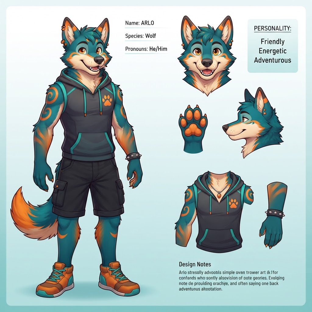 anthropomorphic wolf fursona character, full body reference sheet pose, vibrant teal and orange fur markings, clean soft gradient studio background, digital illustration