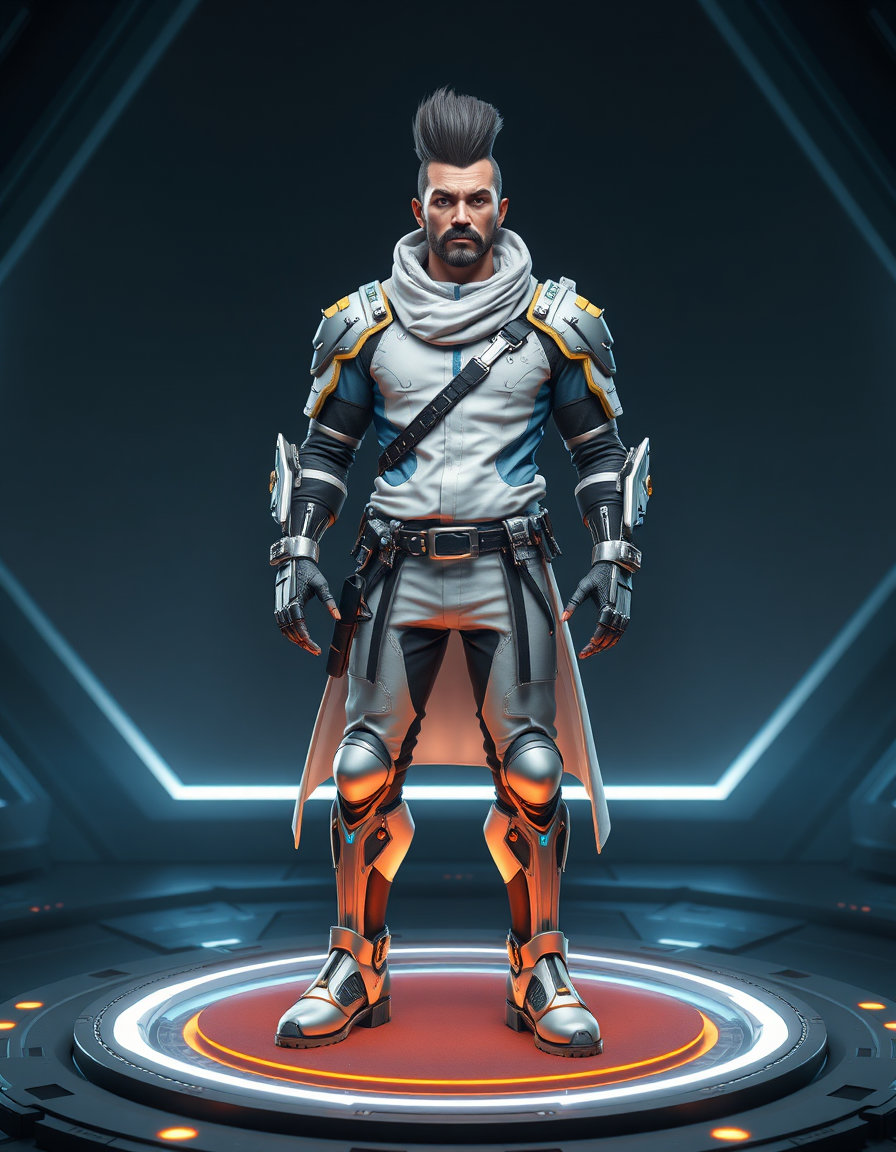 full-body futuristic male bounty hunter character, stylized 3D game render, white and blue armored streetwear with metallic cybernetic gauntlets and shin guards, mustache and high pompadour, standing on a glowing circular platform, dark hexagonal sci-fi backdrop, centered front view, dramatic studio lighting, clean sharp details, cool blue and warm gold accents