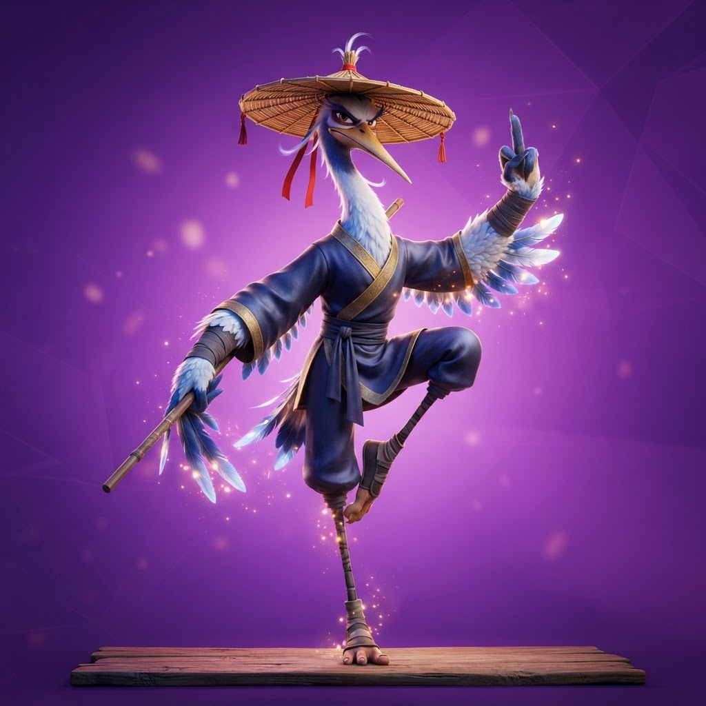 original anthropomorphic crane bird kung fu master character, white and blue feathers, wide brimmed straw hat, graceful one legged martial arts stance, full body, stylized 3D animated movie render, vibrant purple gradient studio background, crisp high detail, no text, no words, no watermark