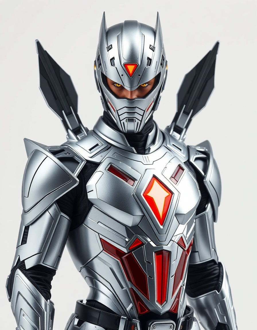 futuristic silver armored hero, glowing yellow eyes, red chest emblem, sharp angular shoulder blades, dynamic combat stance, metallic suit with black circuitry details, clean white background, cinematic lighting, 85mm portrait, high contrast, sci-fi action hero