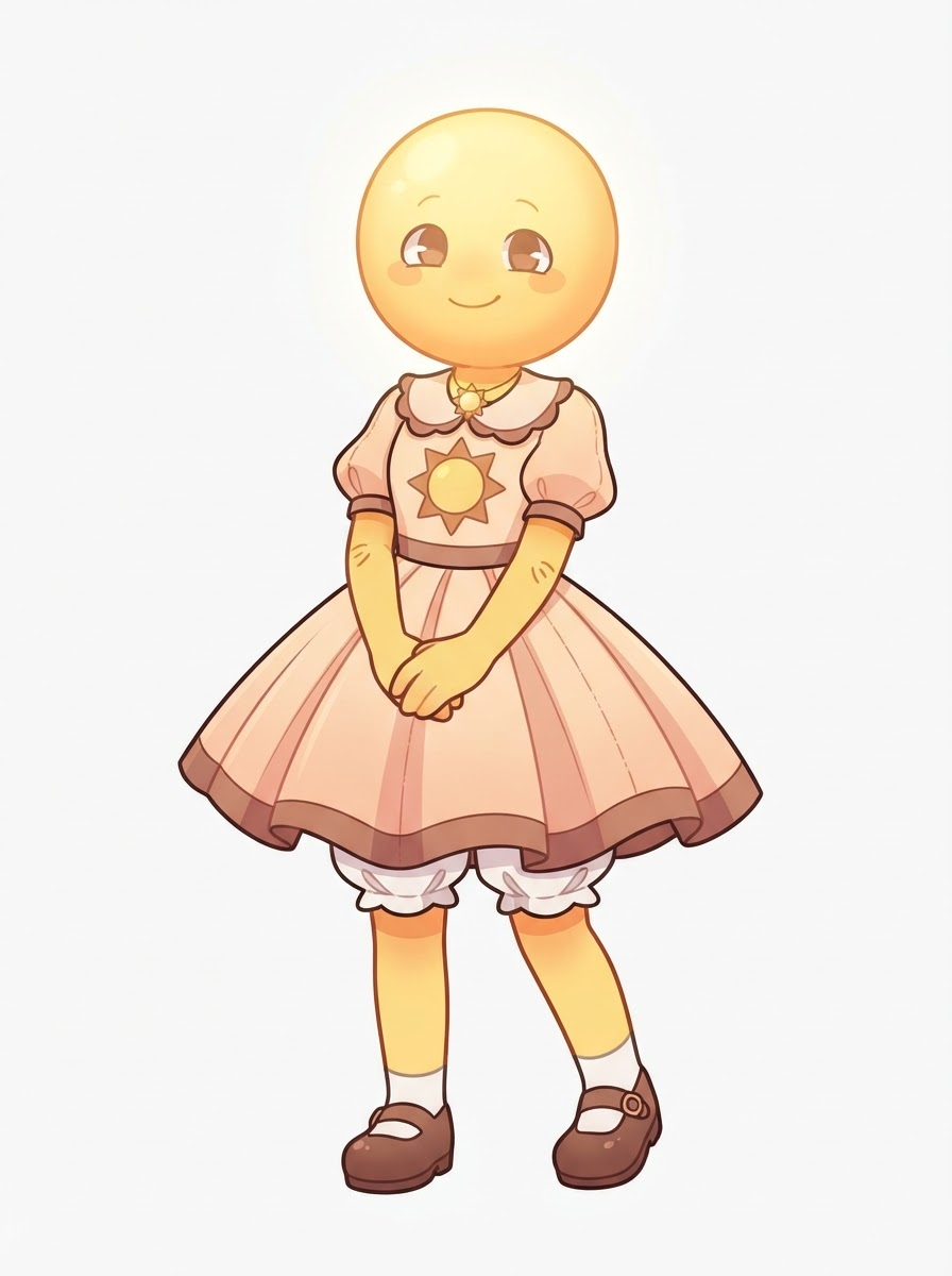 Close-up, white background, true Dandy's World toon style — bold clean linework, flat cel-shading, round golden sun-toon, bald glowing head, soft kind eyes, simple flowing dress, in the style of Dandy's World, cute 3D toon render, pastel-but-eerie colors, whimsical vending-machine world, full-body character portrait, centered, relaxed lively stance. SFW, everyone fully clothed in modest attire. Crisp detail, sharp focus, rich lighting, highly detailed