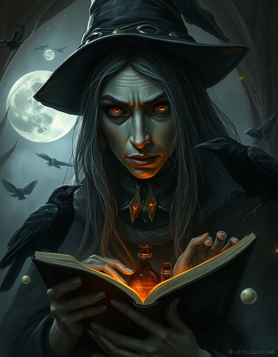 powerful witch, portrait close-up in a witch's cottage, moonlit, mysterious atmosphere, gothic digital art, glowing runes, ravens, spellbook, potion bottles, silver moon, enchanted fog, leipzig school style, muted earth tones, cool grays, disciplined brushwork, precise anatomy, formal composition, psychological focus