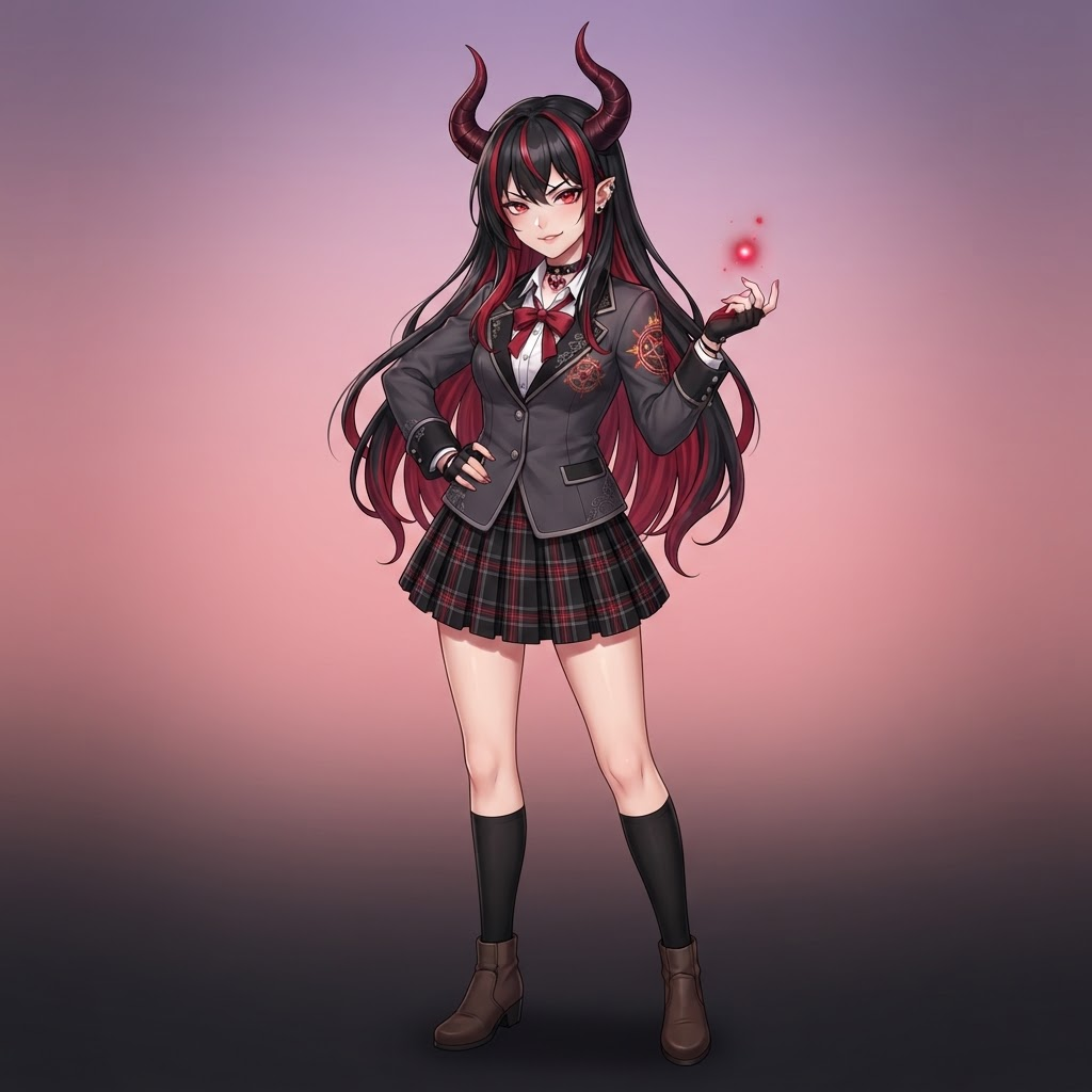 original demon girl original character, otome game anime style, long black hair with crimson streaks, curved horns, red eyes, gothic school uniform with a demon pact sigil, clean soft gradient studio background, vibrant, crisp high detail, digital illustration, no text, no words