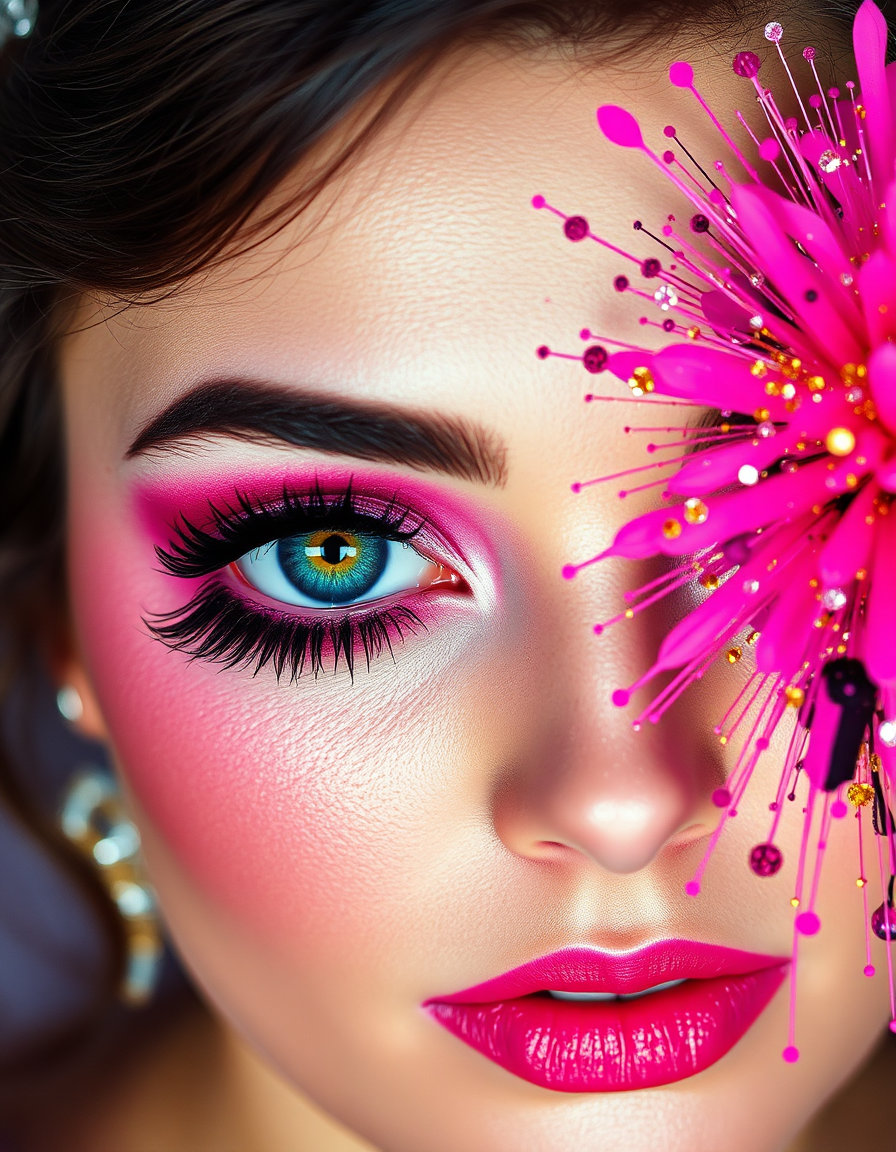 a close-up, trendy makeup look featuring a bride's eyes, rendered in a candy noir style with high-contrast bubblegum pink and absolute black hues. the eye makeup is adorned with vibrant glitter and a glittery eyeliner, with the colors popping like neon sugar crystals. the scene also incorporates elements of acid pastel, with delicate soft pink and mint bases juxtaposed against electric magenta, creating a clash of gentle and toxic tones. an abstract explosion of pink and gold colors with chaotic energy further enhances the dynamic and vibrant aesthetic, ensuring a sharp and visually striking image.